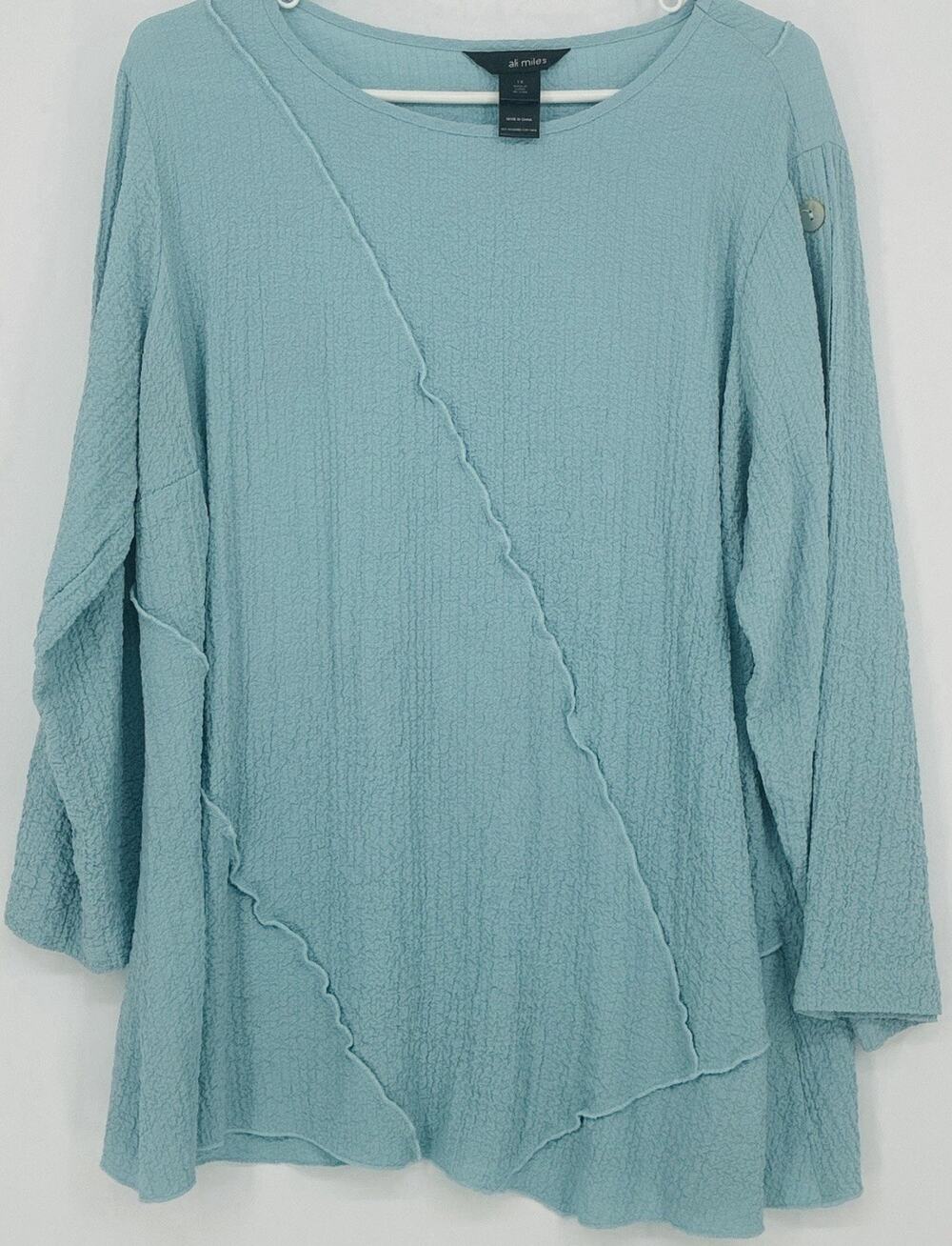 Ali Miles Tunic 1X Powder Blue 3/4 Sleeve Artsy Asymmetric Popover Office Party